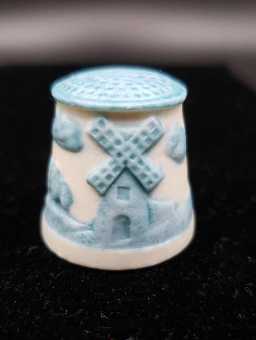 Vintage Bisque Ceramic Windmill Decorative Thimble - Blue/Cream